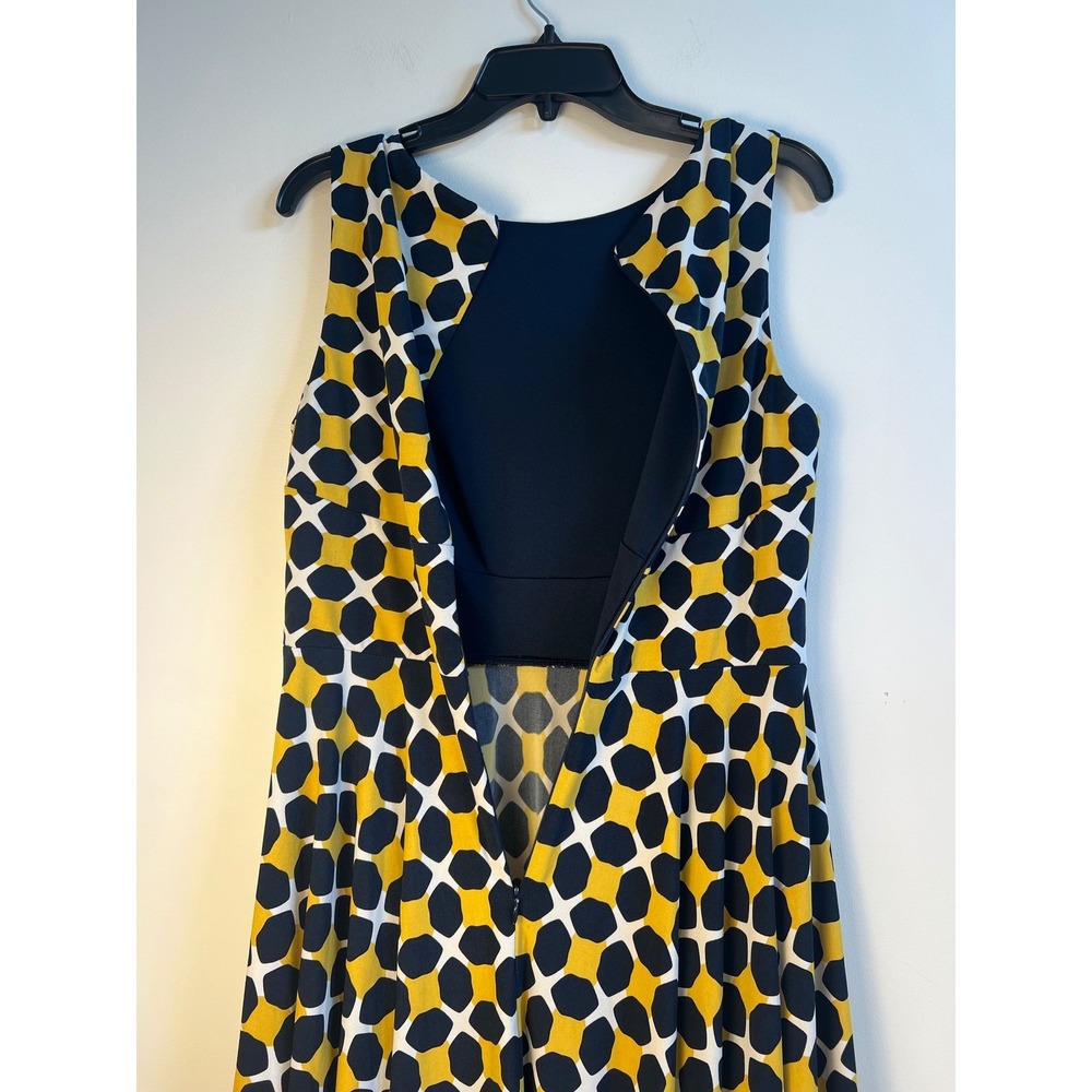 Donna Morgan Yellow Navy Blue Geometric Honeycomb Fit and Flare Dress Size 8 - Picture 5 of 10